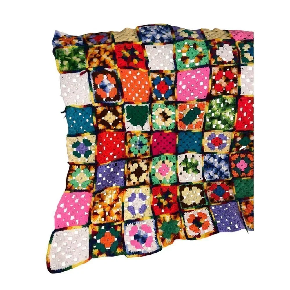 Afghan Crochet quirky Granny Square 66x38 Blanket Handmade Throw colorful floral